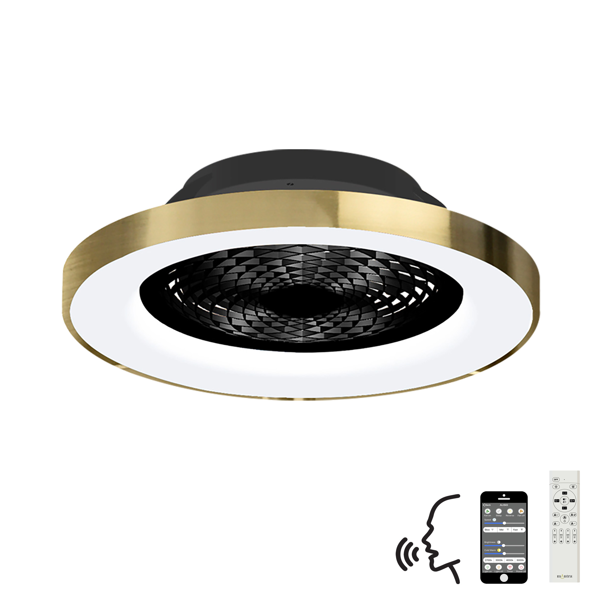 M7124  Tibet 70W LED Dimmable Ceiling Light & Fan, Remote / APP / Voice Controlled Gold